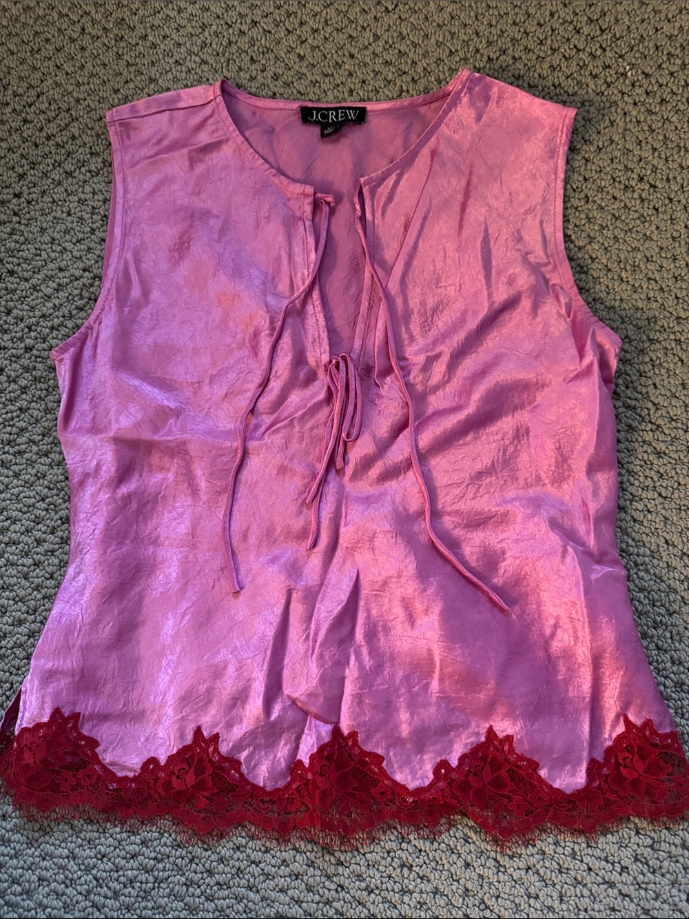 J. Crew Pink Sleeveless Tie-Front romantic feminine Satin Top with Red Lace Trim